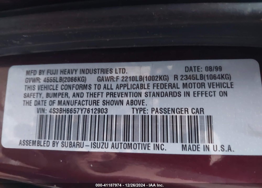 2000 SUBARU OUTBACK VIN: 4S3BH6657Y7612903