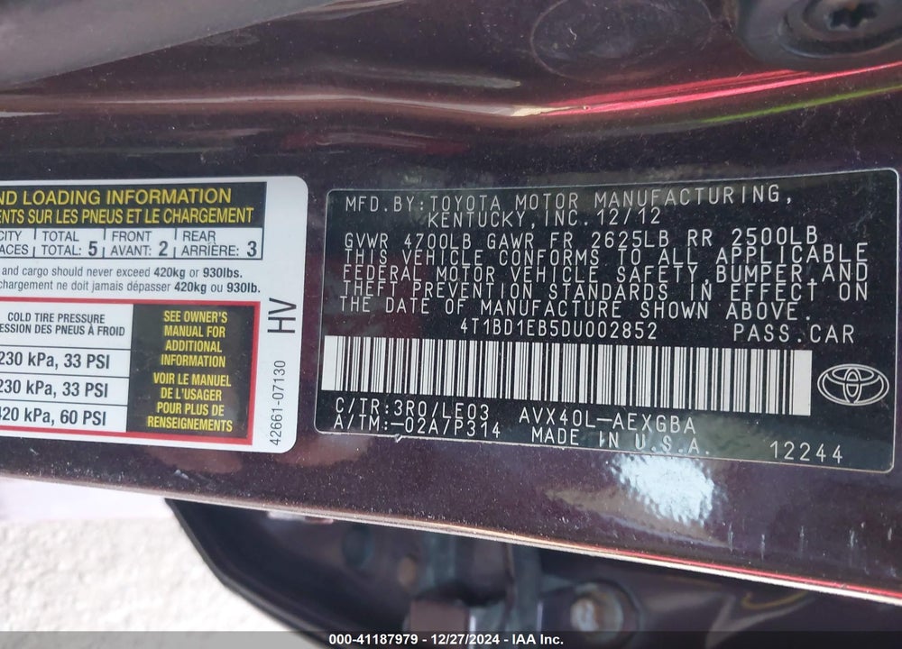 2013 TOYOTA AVALON HYBRID VIN: 4T1BD1EB5DU002852
