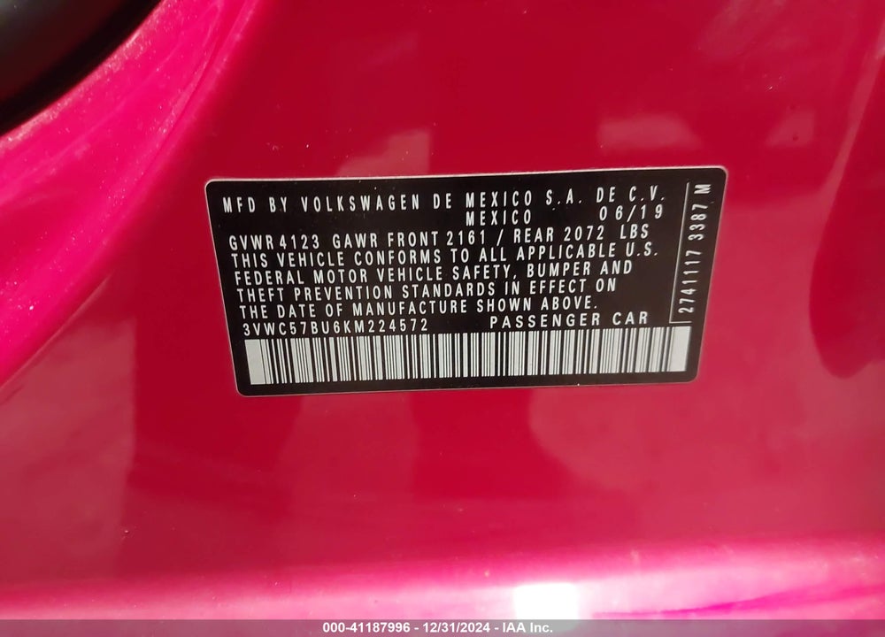 2019 VOLKSWAGEN JETTA 1.4T R-LINE/1.4T S/1.4T SE VIN: 3VWC57BU6KM224572