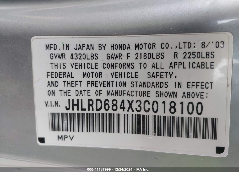 2003 HONDA CR-V LX VIN: JHLRD684X3C018100