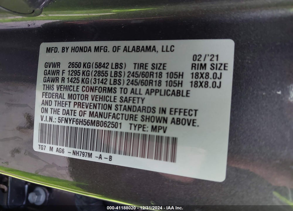 2021 HONDA PILOT AWD EX-L VIN: 5FNYF6H56MB062501