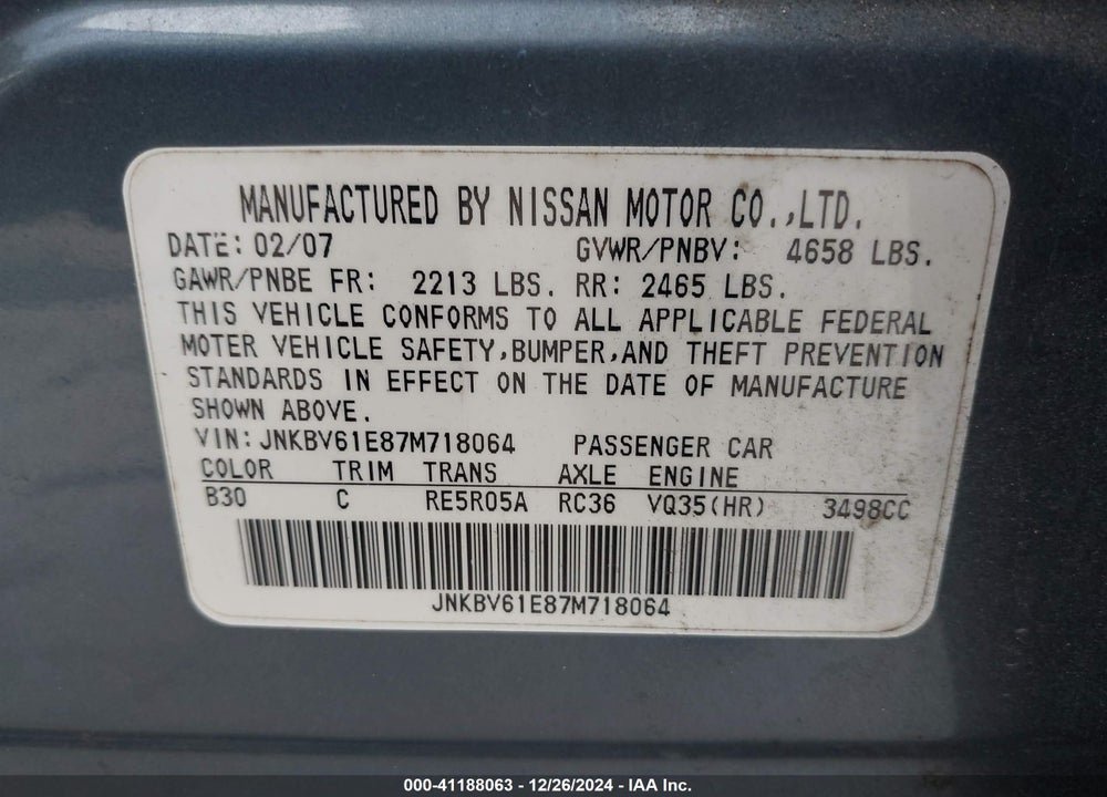 2007 INFINITI G35 JOURNEY VIN: JNKBV61E87M718064