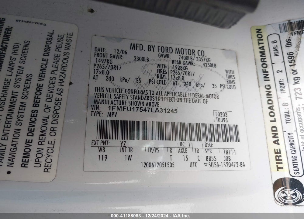 2007 FORD EXPEDITION EDDIE BAUER VIN: 1FMFU17547LA31245