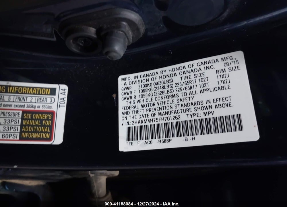 2015 HONDA CR-V EX-L VIN: 2HKRM4H75FH701262