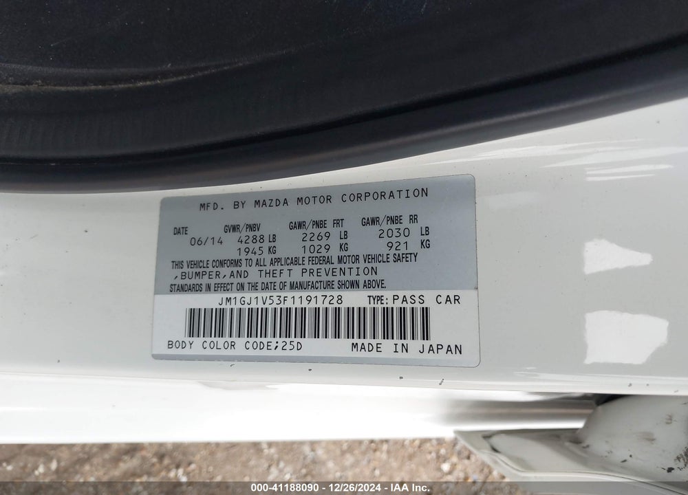 2015 MAZDA 6 VIN: JM1GJ1V53F1191728