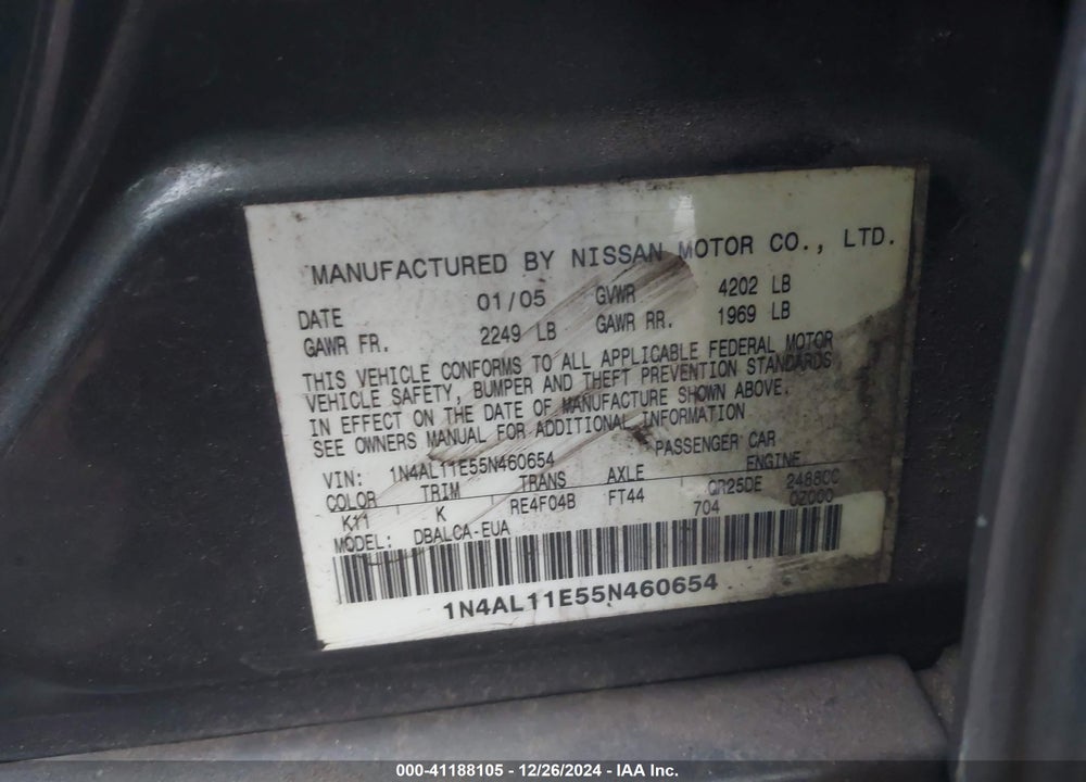 2005 NISSAN ALTIMA 2.5 S VIN: 1N4AL11E55N460654