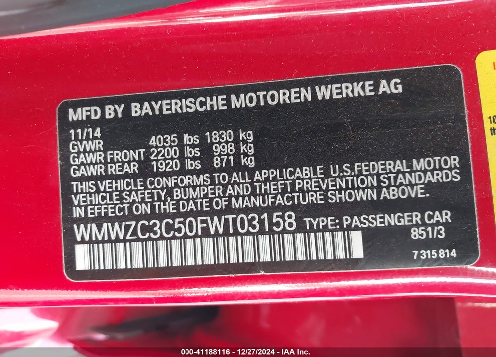 2015 MINI COUNTRYMAN VIN: WMWZC3C50FWT03158