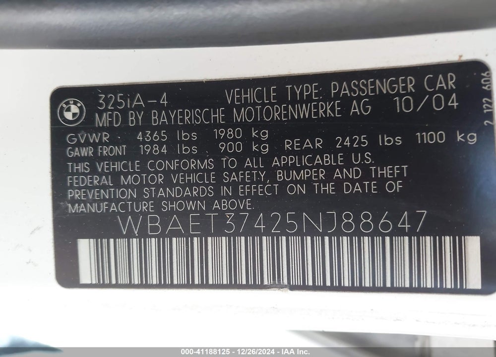 2005 BMW 325I VIN: WBAET37425NJ88647