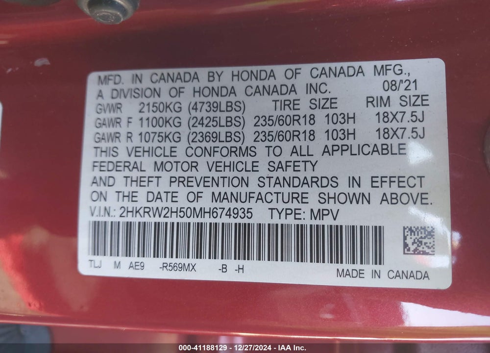 2021 HONDA CR-V AWD EX VIN: 2HKRW2H50MH674935