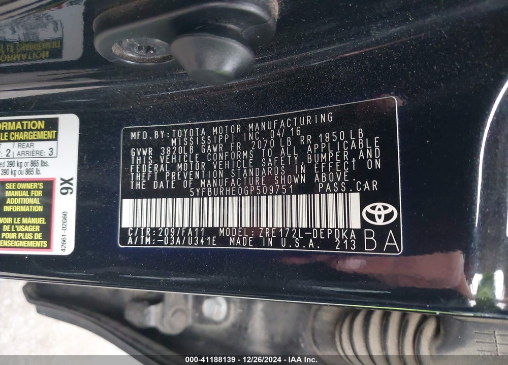2016 TOYOTA COROLLA L VIN: 5YFBURHE0GP509751