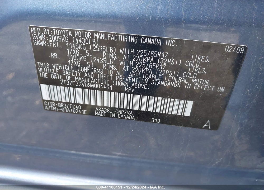2009 TOYOTA RAV4 VIN: 2T3ZF33V09W004461