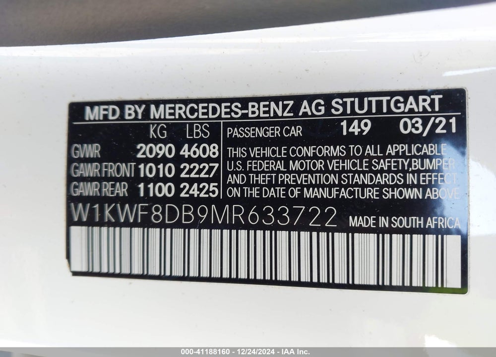 2021 MERCEDES-BENZ C 300 VIN: W1KWF8DB9MR633722
