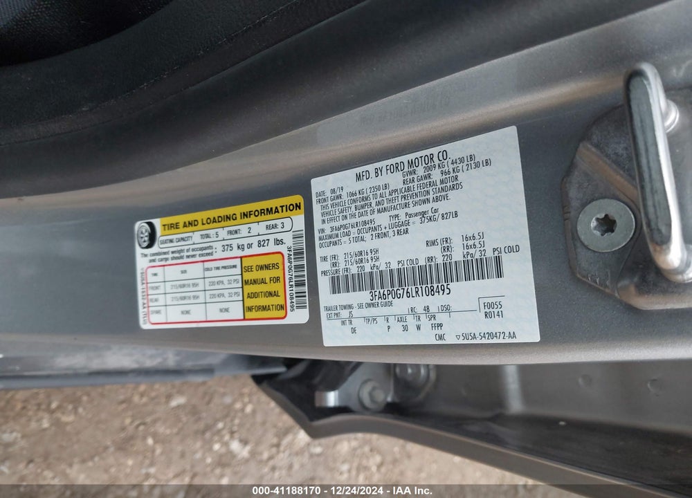 2020 FORD FUSION VIN: 3FA6P0G76LR108495