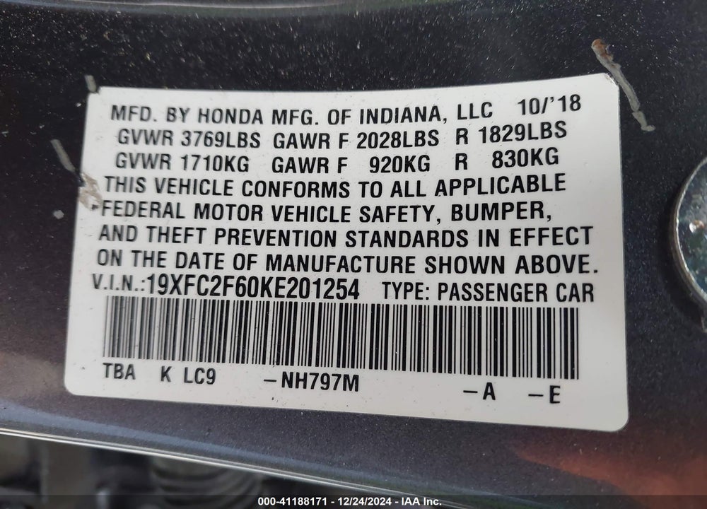 2019 HONDA CIVIC LX VIN: 19XFC2F60KE201254