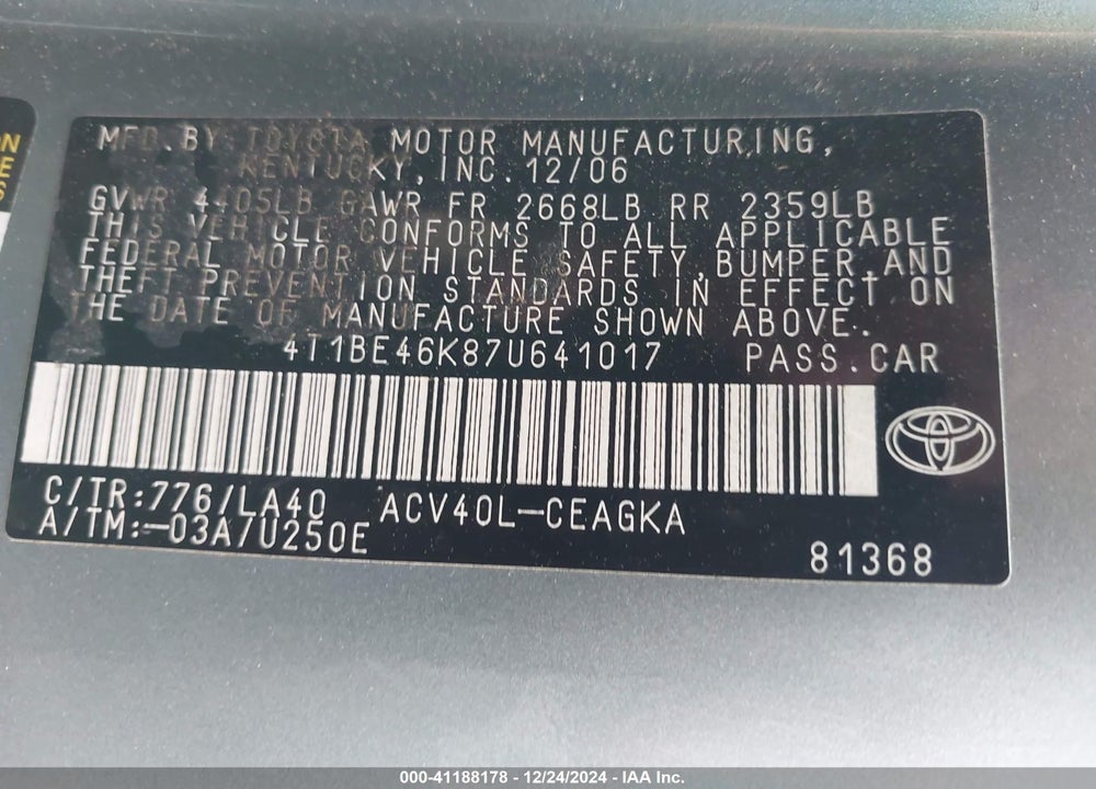 2007 TOYOTA CAMRY XLE VIN: 4T1BE46K87U641017