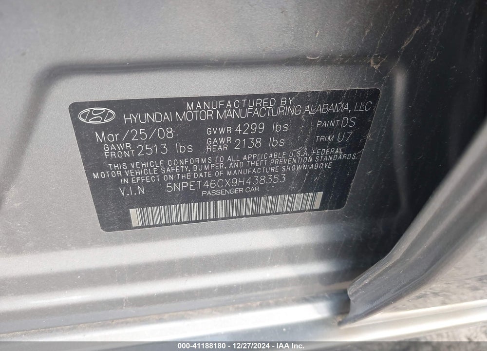 2009 HYUNDAI SONATA GLS VIN: 5NPET46CX9H438353