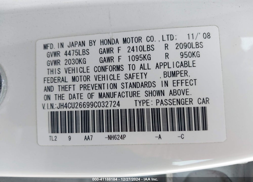 2009 ACURA TSX VIN: JH4CU26699C032724