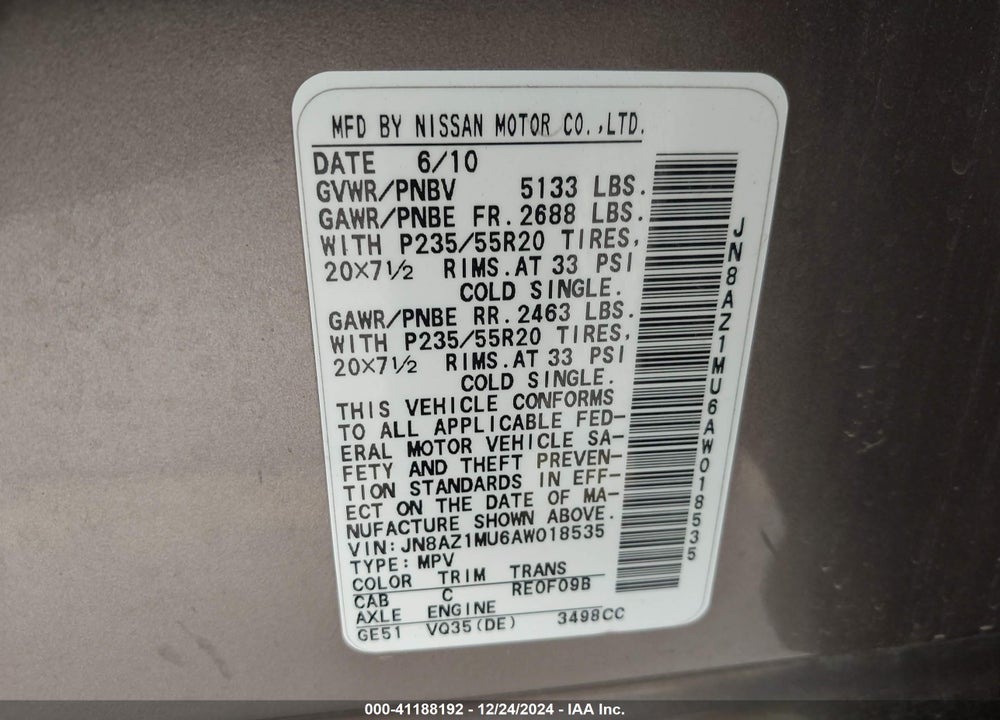 2010 NISSAN MURANO LE VIN: JN8AZ1MU6AW018535