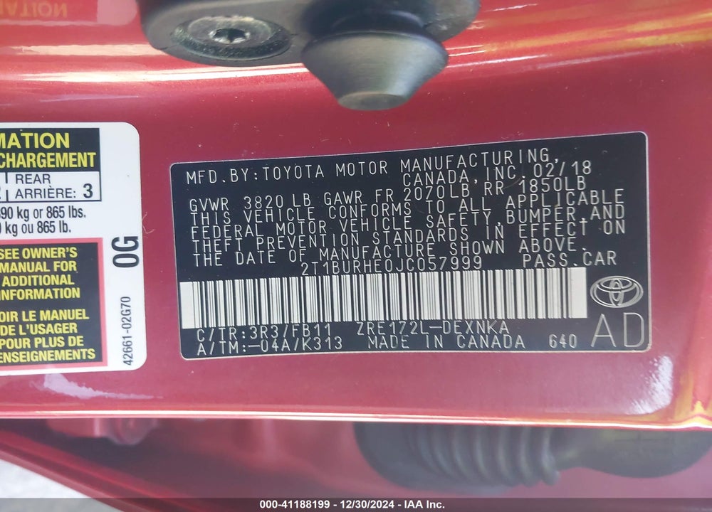 2018 TOYOTA COROLLA VIN: 2T1BURHE0JC057999