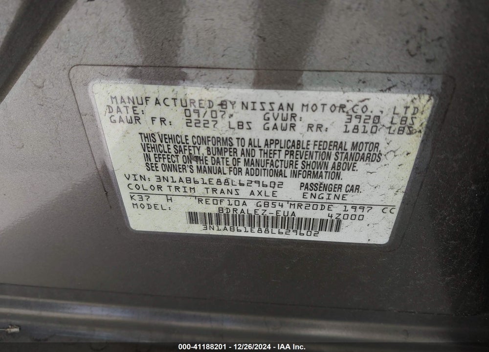 2008 NISSAN SENTRA 2.0S VIN: 3N1AB61E88L629602