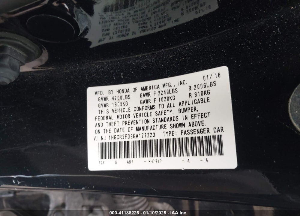 2016 HONDA ACCORD VIN: 1HGCR2F39GA127223