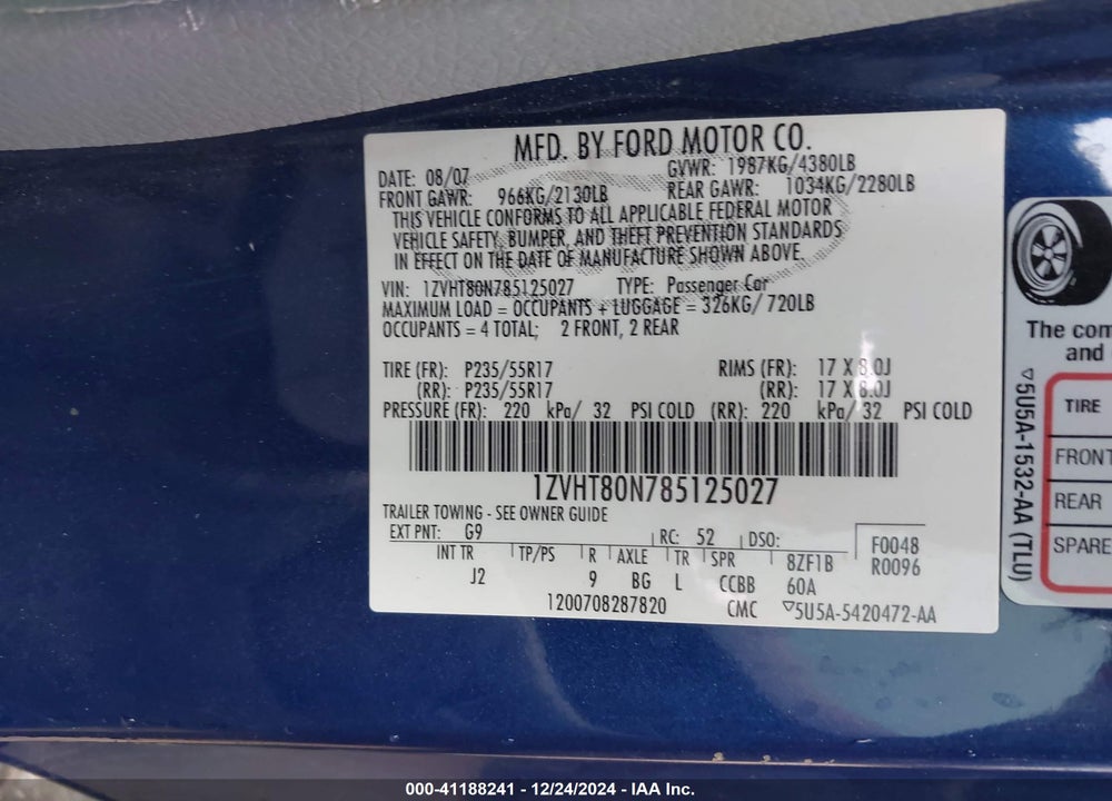2008 FORD MUSTANG VIN: 1ZVHT80N785125027