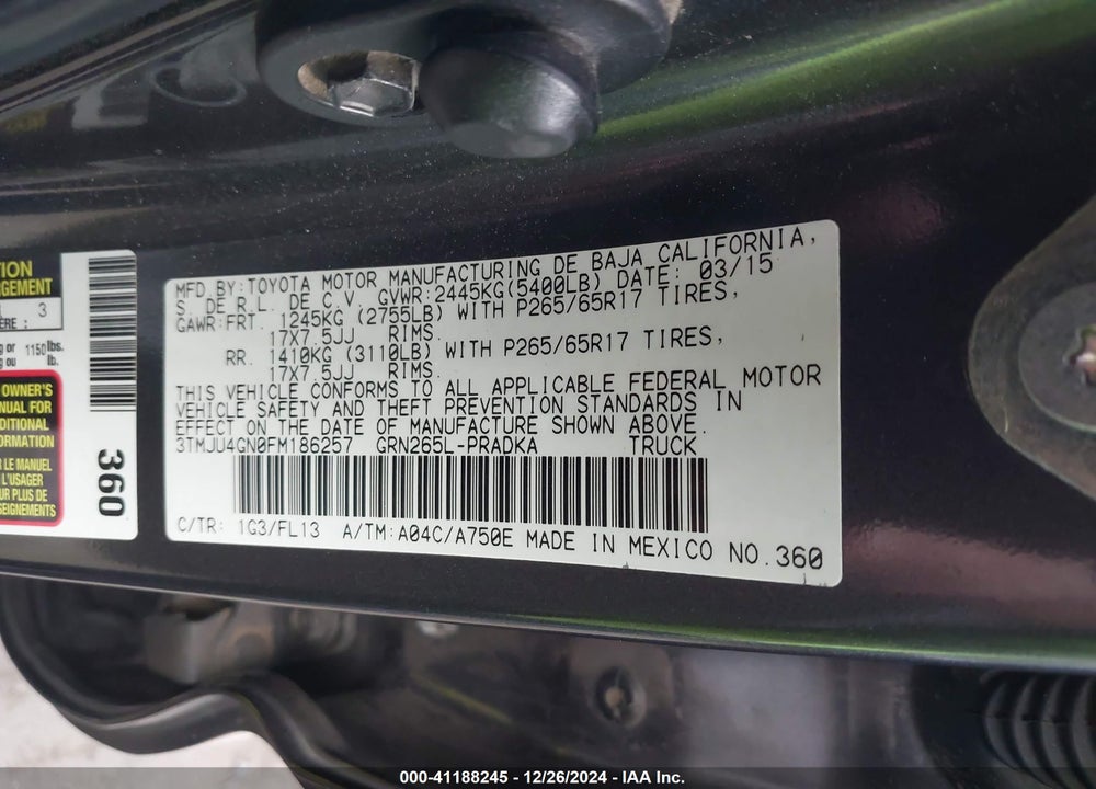 2015 TOYOTA TACOMA DOUBLE CAB PRERUNNER VIN: 3TMJU4GN0FM186257