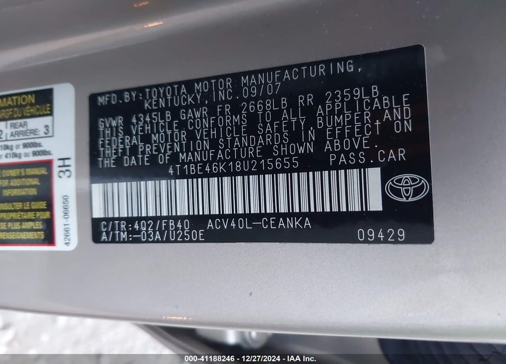 2008 TOYOTA CAMRY LE VIN: 4T1BE46K18U215655