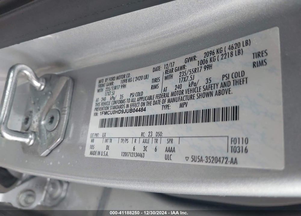 2018 FORD ESCAPE SEL VIN: 1FMCU0HD9JUB04484