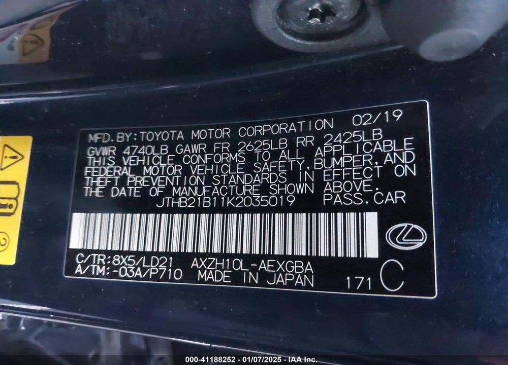 2019 LEXUS ES 300H VIN: JTHB21B11K2035019