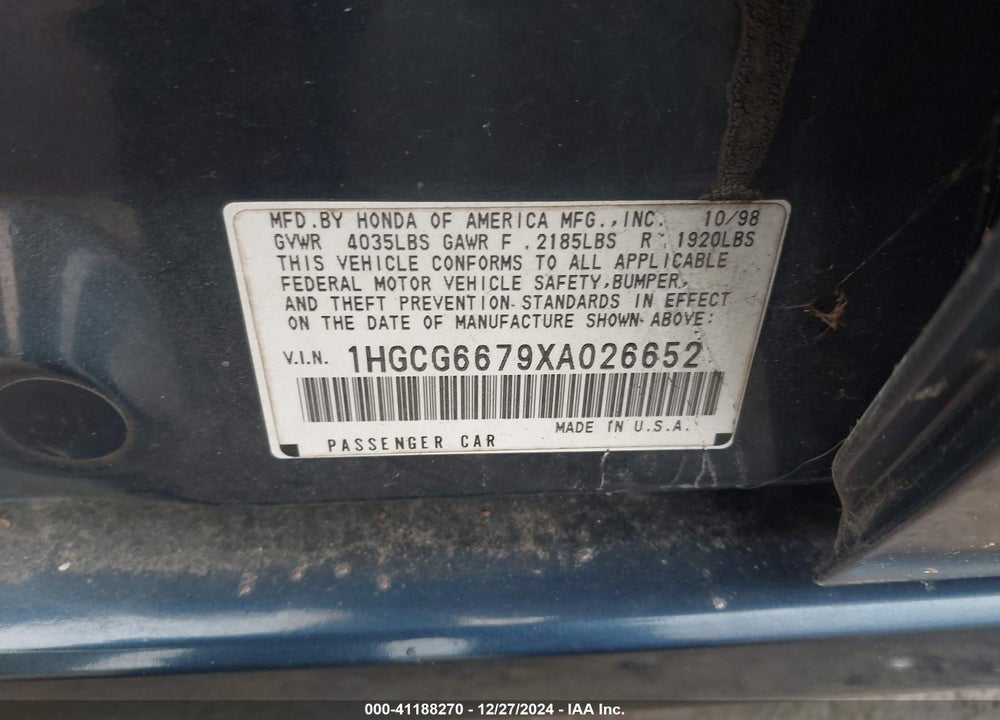 1999 HONDA ACCORD EX VIN: 1HGCG6679XA026652