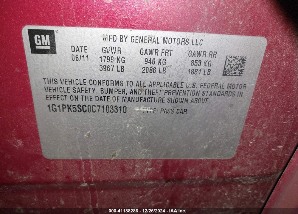 2012 CHEVROLET CRUZE ECO VIN: 1G1PK5SC0C7103310