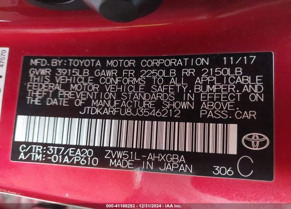 2018 TOYOTA PRIUS VIN: JTDKARFU8J3546212