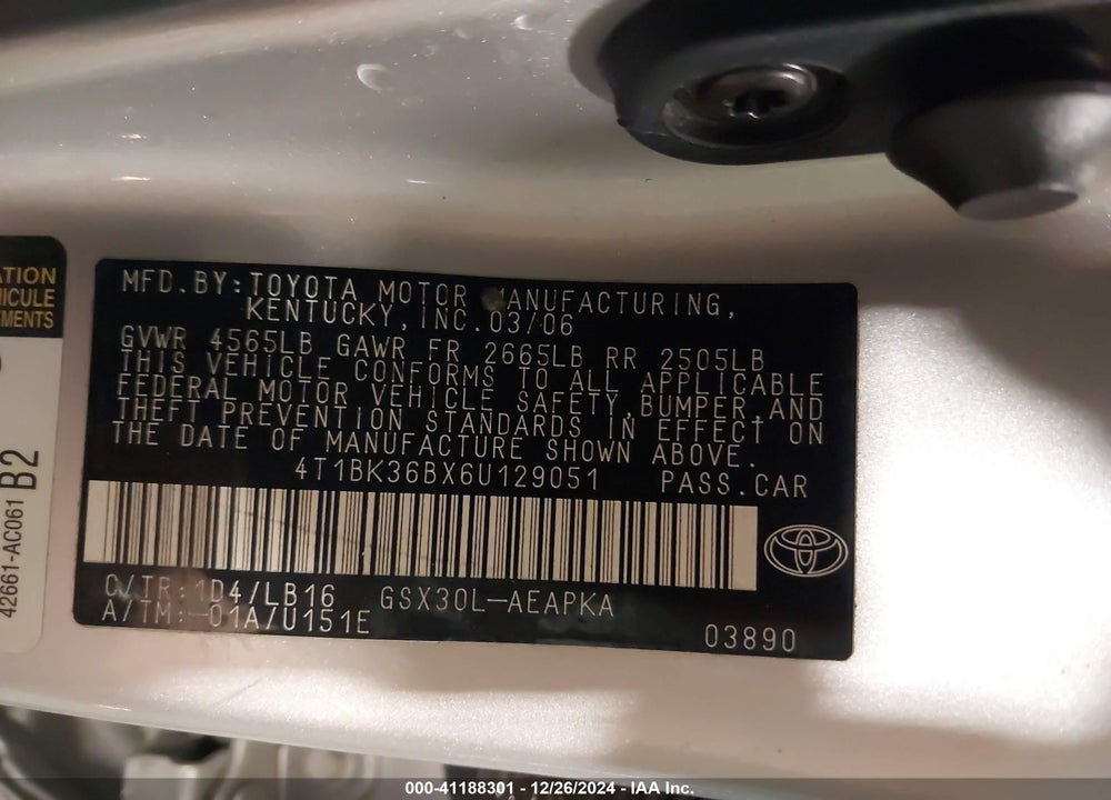 2006 TOYOTA AVALON LIMITED VIN: 4T1BK36BX6U129051