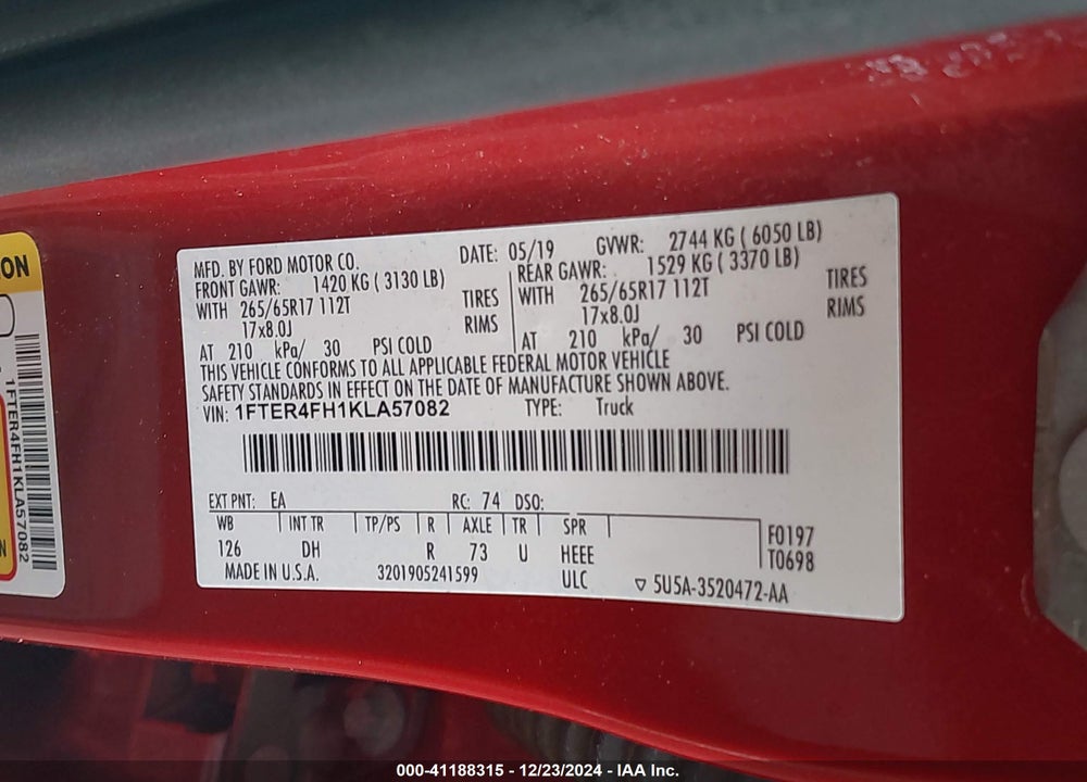 2019 FORD RANGER VIN: 1FTER4FH1KLA57082