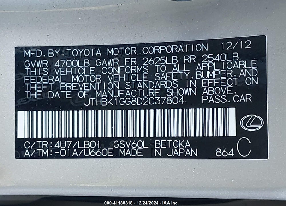 2013 LEXUS ES 350 VIN: JTHBK1GG8D2037804