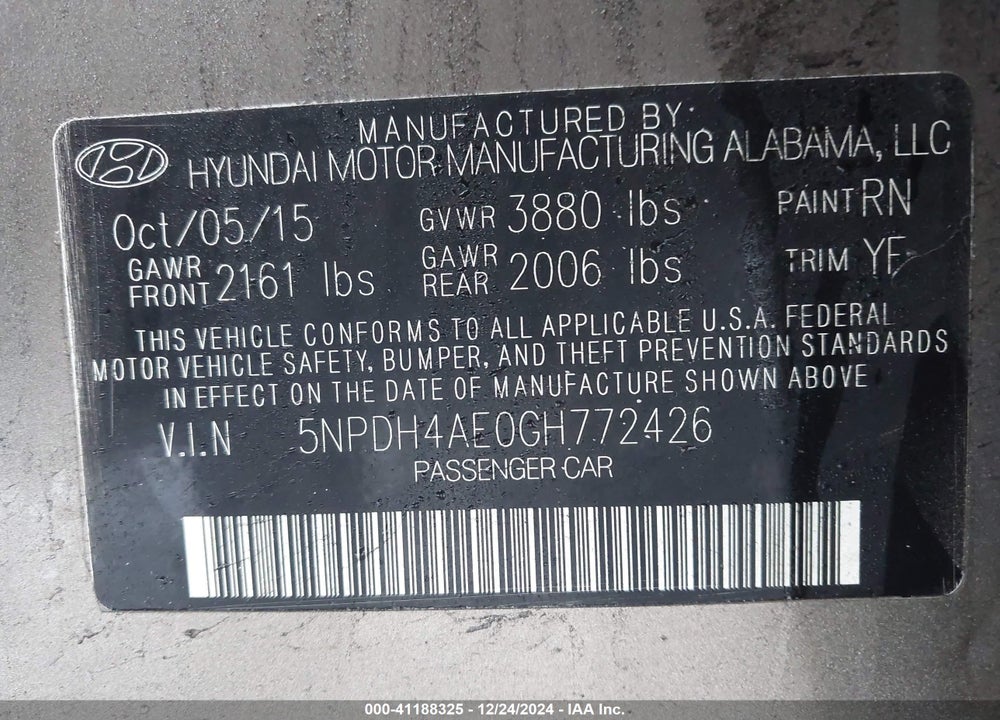 2016 HYUNDAI ELANTRA SE VIN: 5NPDH4AE0GH772426