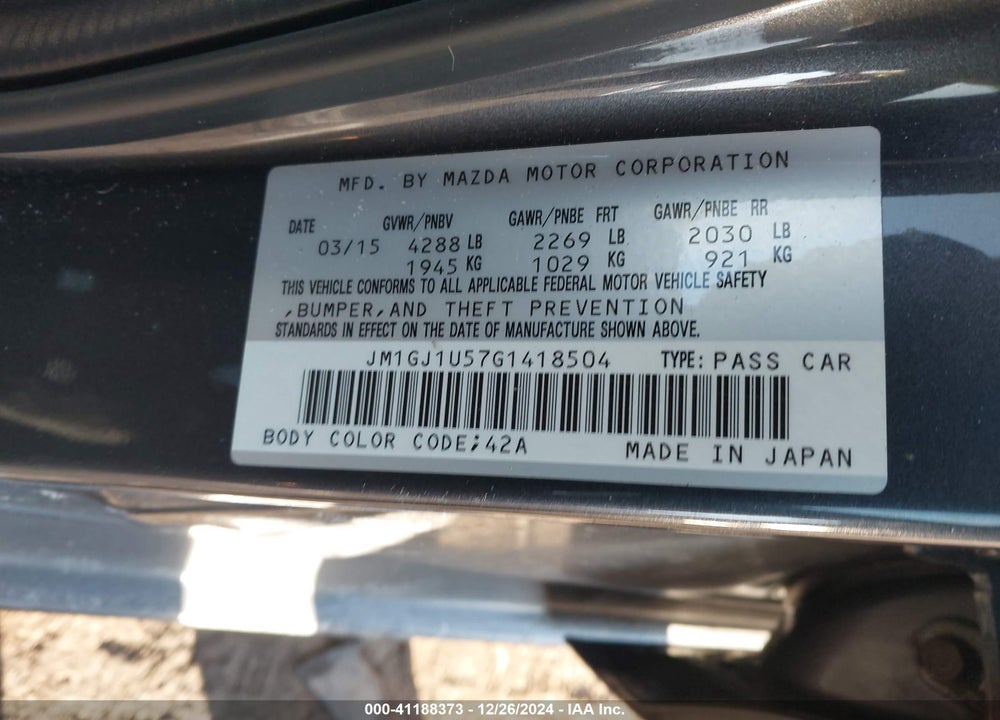 2016 MAZDA 6 VIN: JM1GJ1U57G1418504