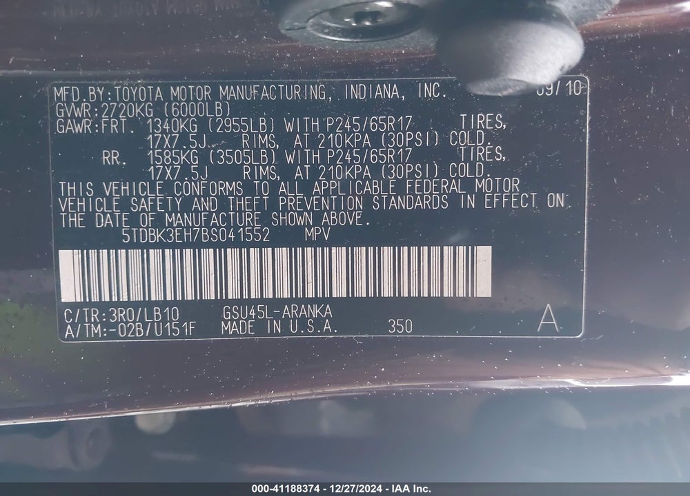 2011 TOYOTA HIGHLANDER SE V6 VIN: 5TDBK3EH7BS041552