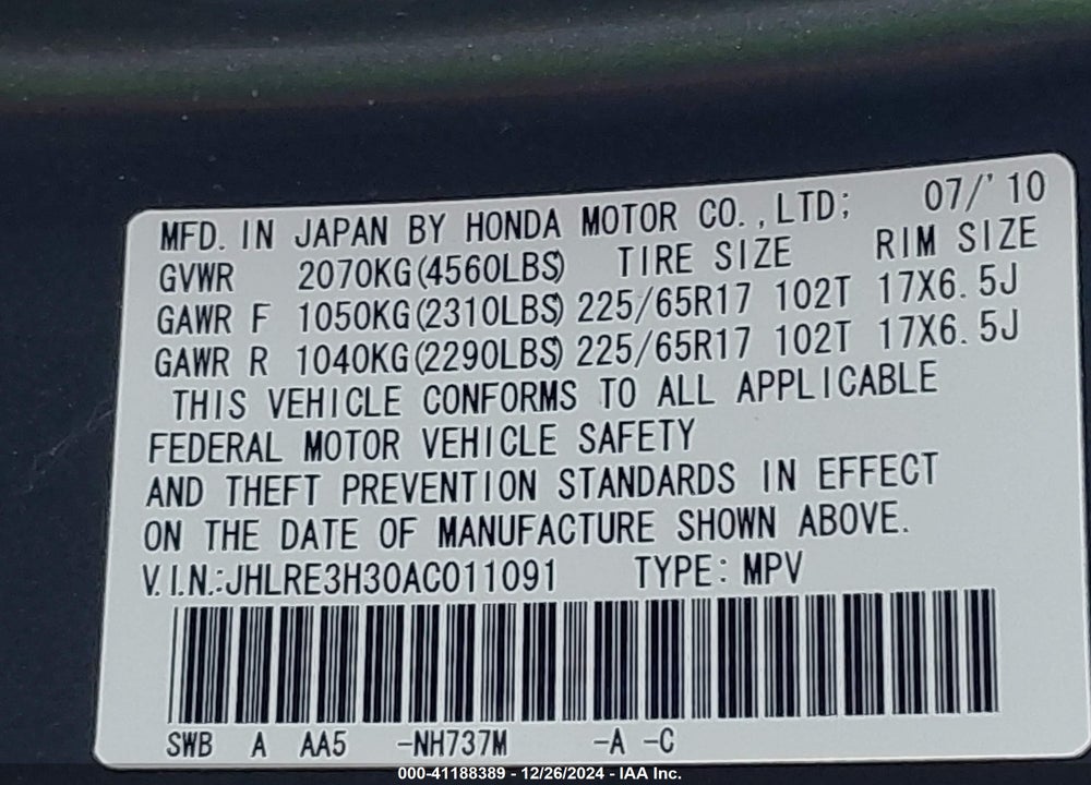 2010 HONDA CR-V LX VIN: JHLRE3H30AC011091