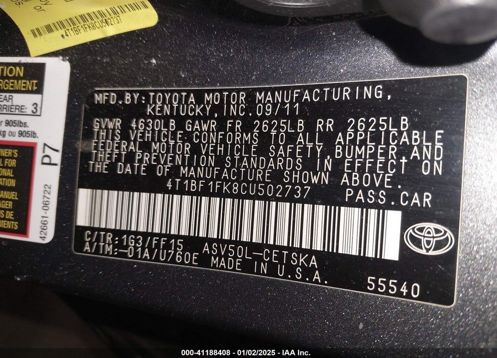2012 TOYOTA CAMRY SE VIN: 4T1BF1FK8CU502737
