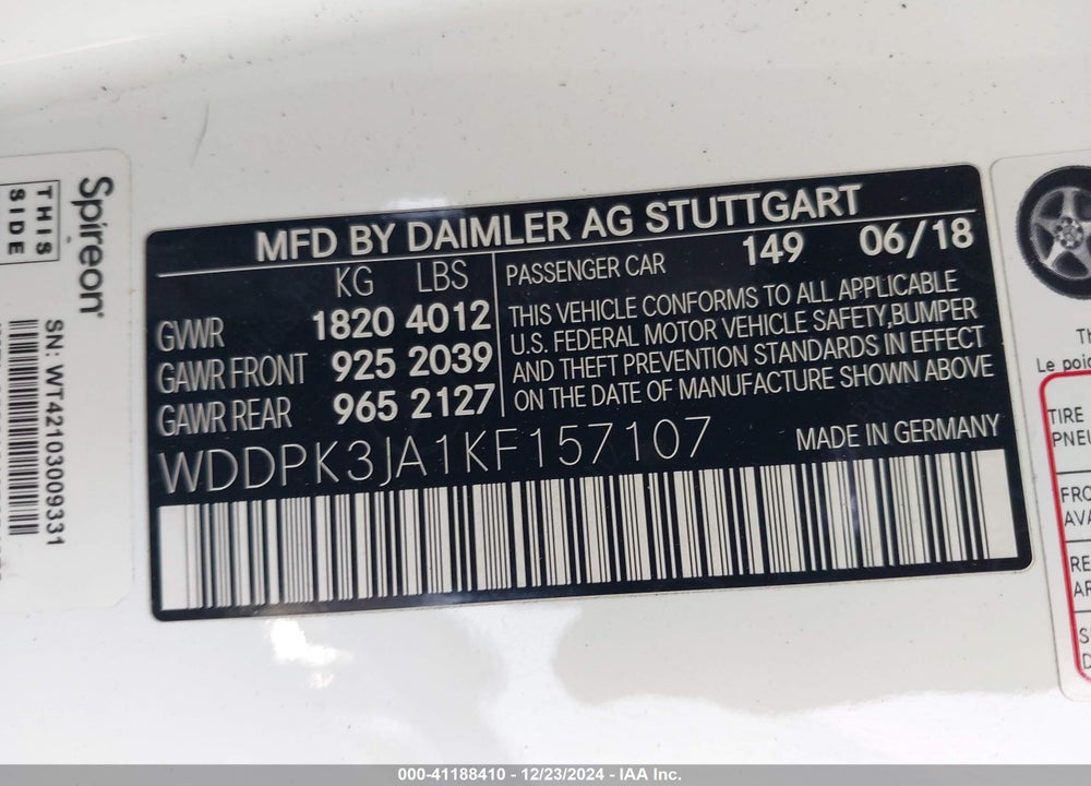 2019 MERCEDES-BENZ SLC 300 VIN: WDDPK3JA1KF157107