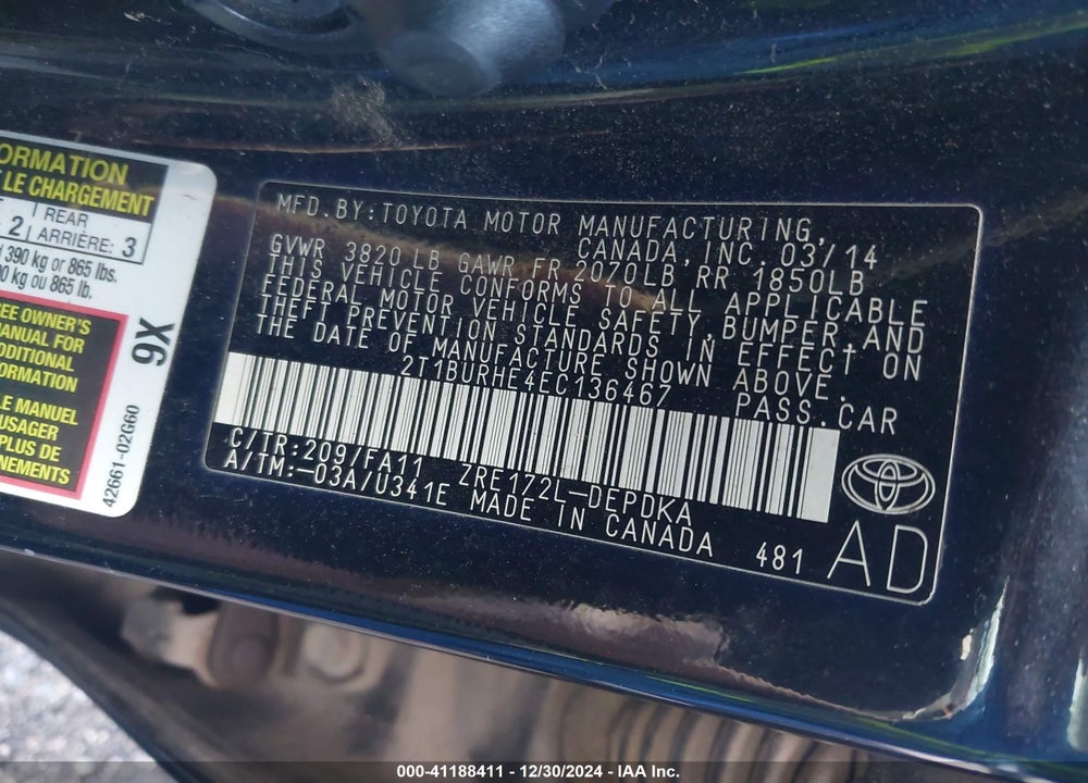2014 TOYOTA COROLLA VIN: 2T1BURHE4EC136467