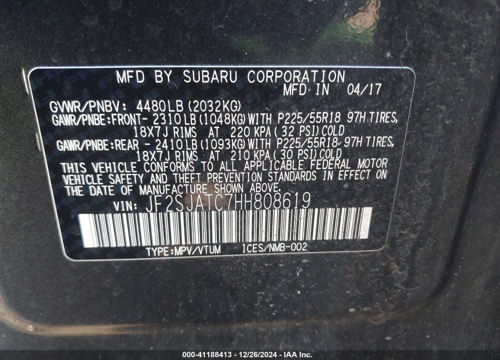 2017 SUBARU FORESTER 2.5I TOURING VIN: JF2SJATC7HH808619