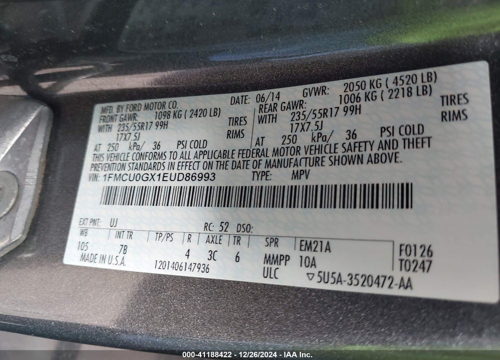 2014 FORD ESCAPE SE VIN: 1FMCU0GX1EUD86993