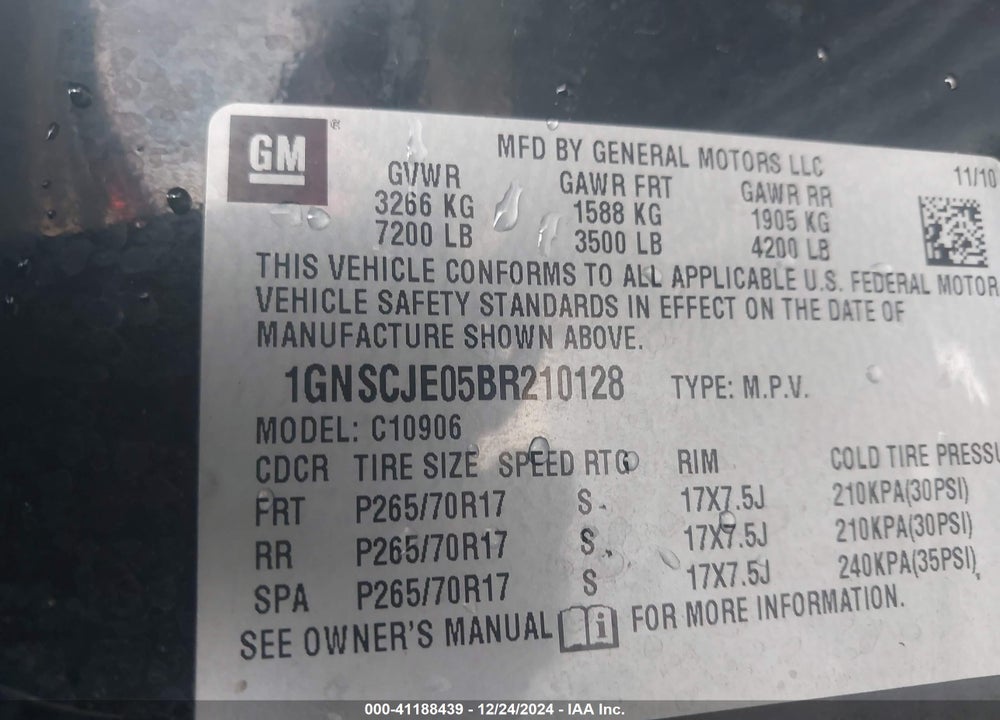2011 CHEVROLET SUBURBAN 1500 LT1 VIN: 1GNSCJE05BR210128