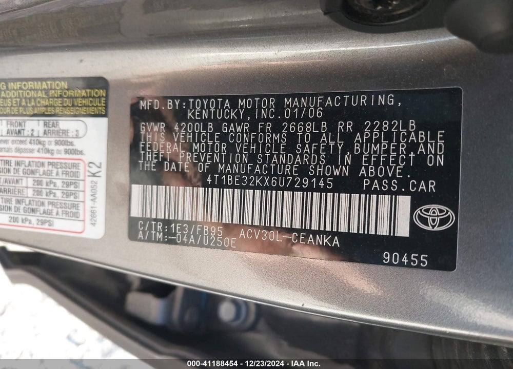 2006 TOYOTA CAMRY VIN: 4T1BE32KX6U729145