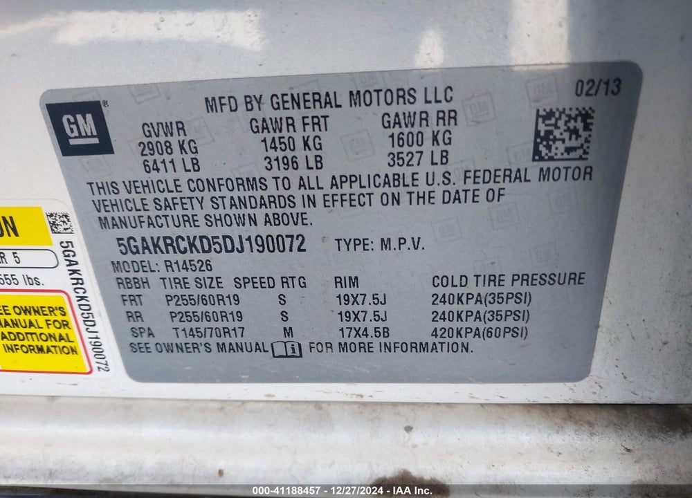 2013 BUICK ENCLAVE VIN: 5GAKRCKD5DJ190072