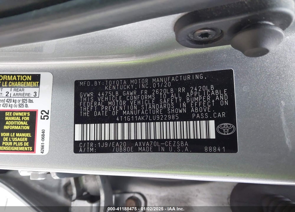 2020 TOYOTA CAMRY VIN: 4T1G11AK7LU922985