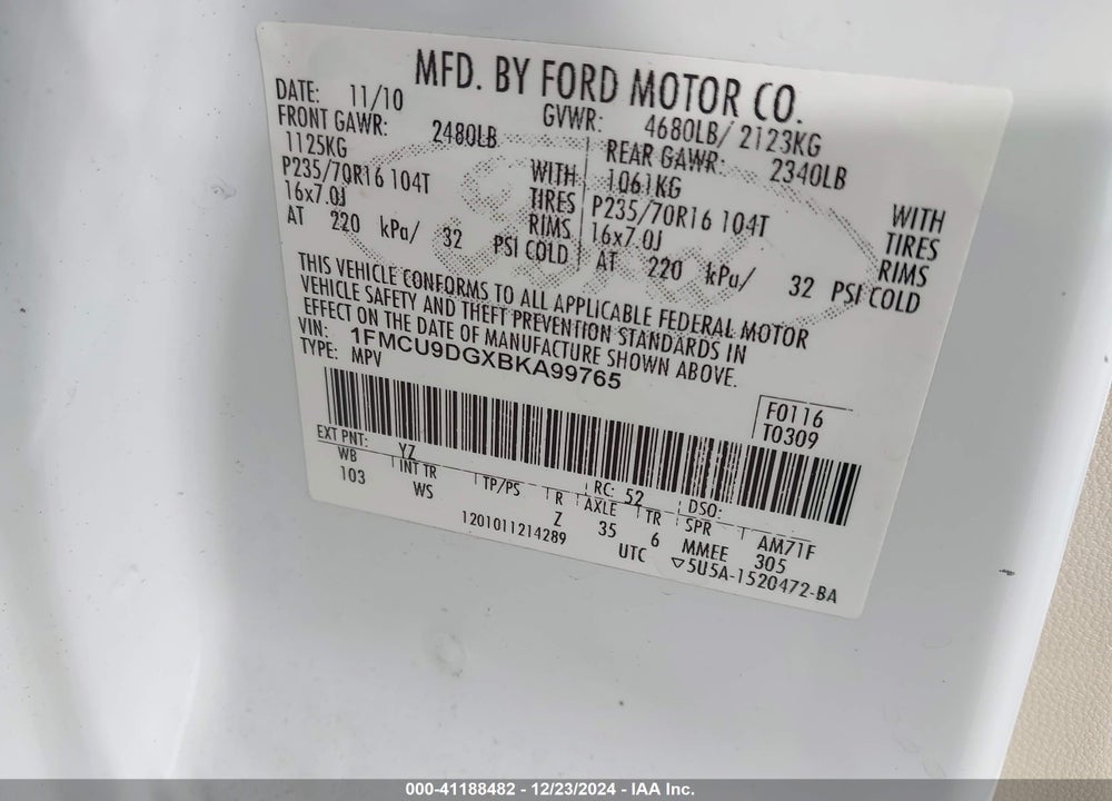 2011 FORD ESCAPE XLT VIN: 1FMCU9DGXBKA99765